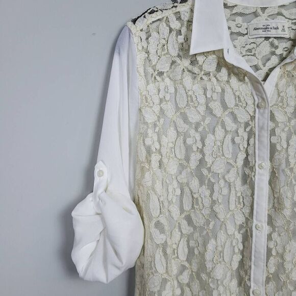 Abercrombie & Fitch Womens Medium Lace Button Up Blouse White Cream Long Sleeve - Picture 4 of 8